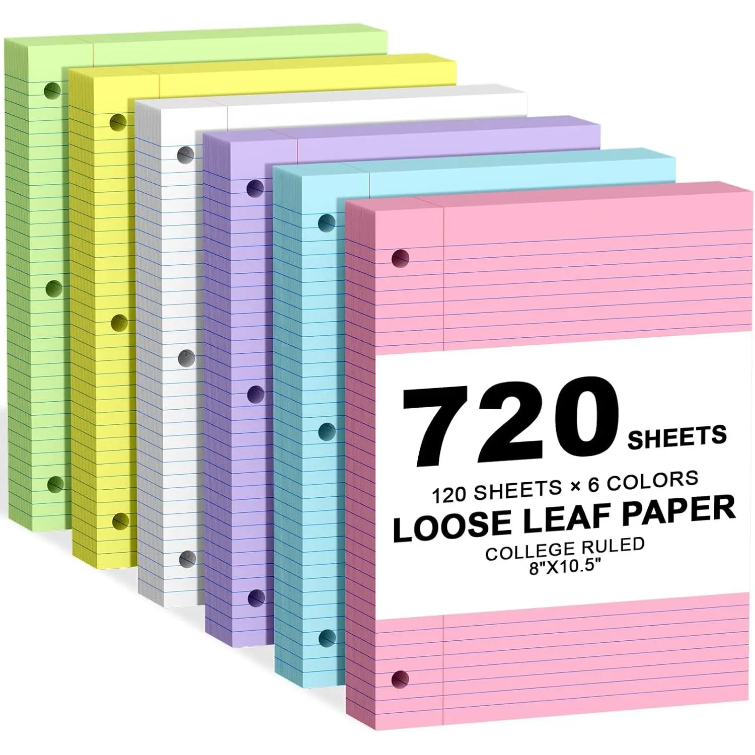 120 Sheets Loose Leaf Paper College Ruled, 8x10.5 Colored Notebook Paper