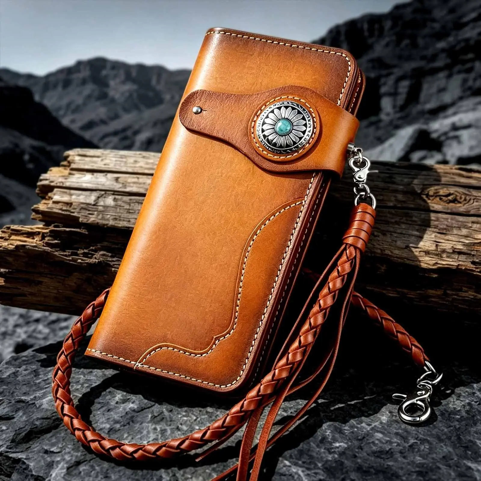 Turquoise Concho Leather Long Handmade Biker Wallet Men With Braid Chain