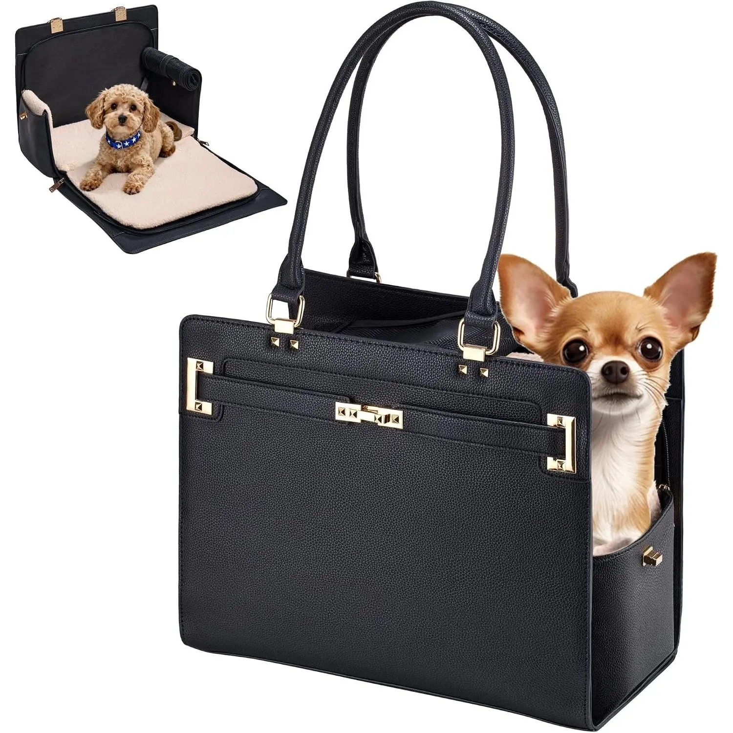Dog Purse Carrier for Small Dogs, Stylish Foldable Pet Carrier Purse Tote Bag with Washable Cushion & Safety Leash, Airline Approved Puppy Travel Bag with Pockets (Black)