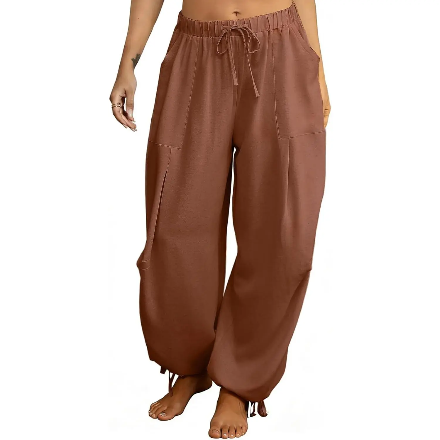 Women's Long Flowy Linen Harem Pants - Boho Beach Style, Balloon Barrel Bottoms, Adjustable Drawstring Waist, Pockets, Multi-Size Baggy Loose Fit Trousers
