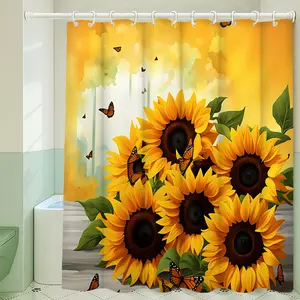 This shower curtain features a yellow sunflower and butterfly print and is made from machine-washable polyester. An artistic, animal-themed home décor piece, it serves as an elegant bathroom partition while offering durable fabric; it comes with 12 or 24