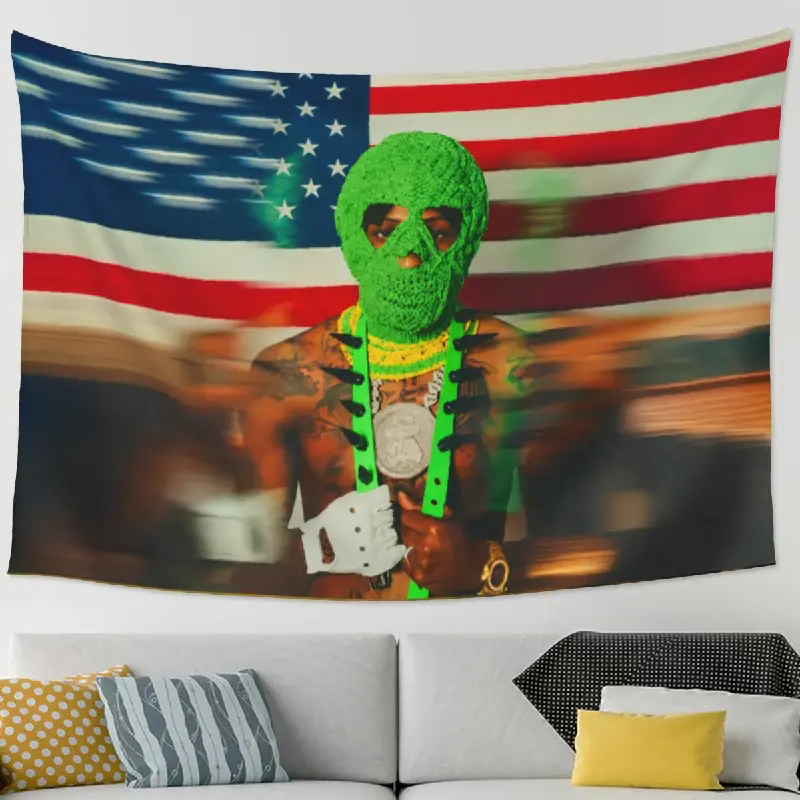 Masked Urban Music Portrait Tapestry, 5ft x 3ft (60in x 40in) Peach Skin Fabric Wall Art - Green Balaclava Figure, American Flag Background, Black Red Green Street Style Decorative Wall Hanging for Bedroom, Studio Home Supplies, Artwork