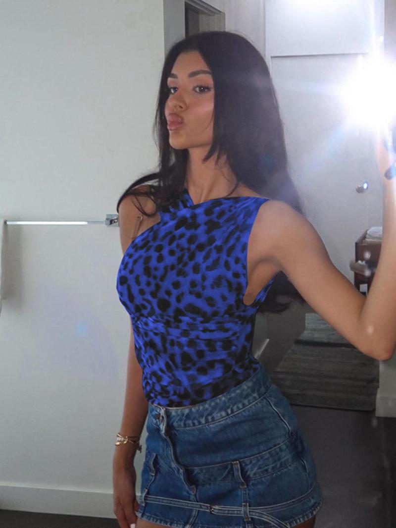 Women's Leopard Print Asymmetrical Neck Ruched Mesh Bodysuit, Fashion Casual Sleeveless Bodysuit for Summer, Ladies Clothes for Holiday Party Club