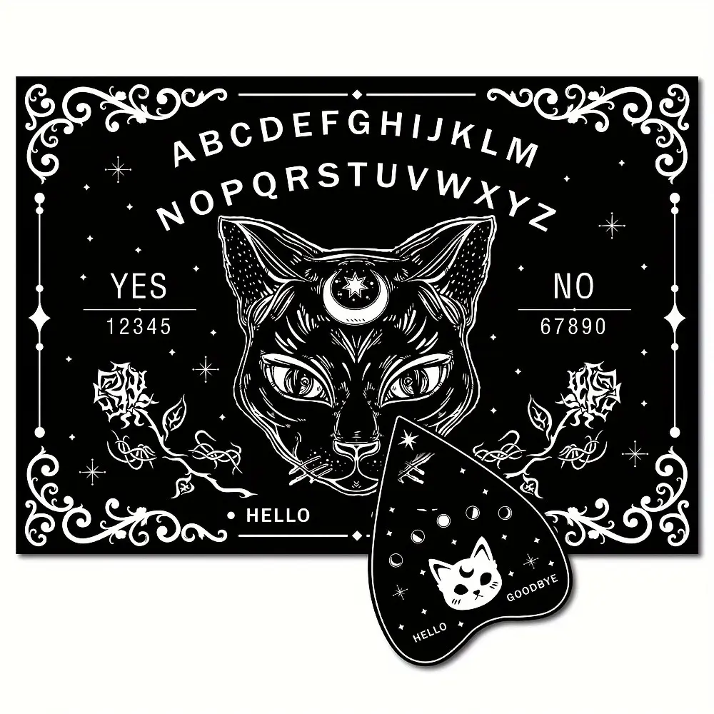 2 Piece Wooden Ouija Board Set with Indicator, Moon Cat Oracle Board, Gothic Witchcraft Altar Items, Halloween Ritual Gift