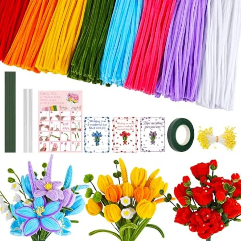 800-Piece Twisty Sticks Flower Making Kit, Includes 8 Colors Thick Fuzzy Strips, Card, Floral Wire, Tape, Petals, DIY Craft Supplies