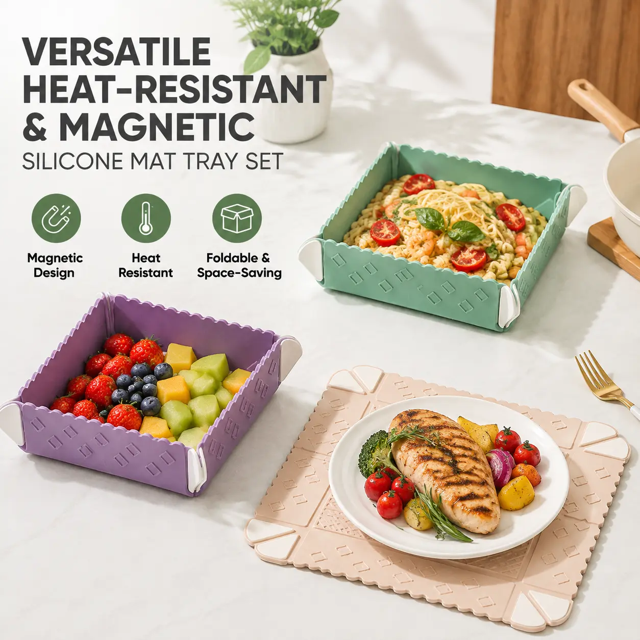 Magnetic Foldable Food Grade Silicone Trivet - Heat Resistant Pot Holder, Compact Multi-Use Tableware Coaster, Kitchen Gadget for Home-Camping Storage Tray-YY1