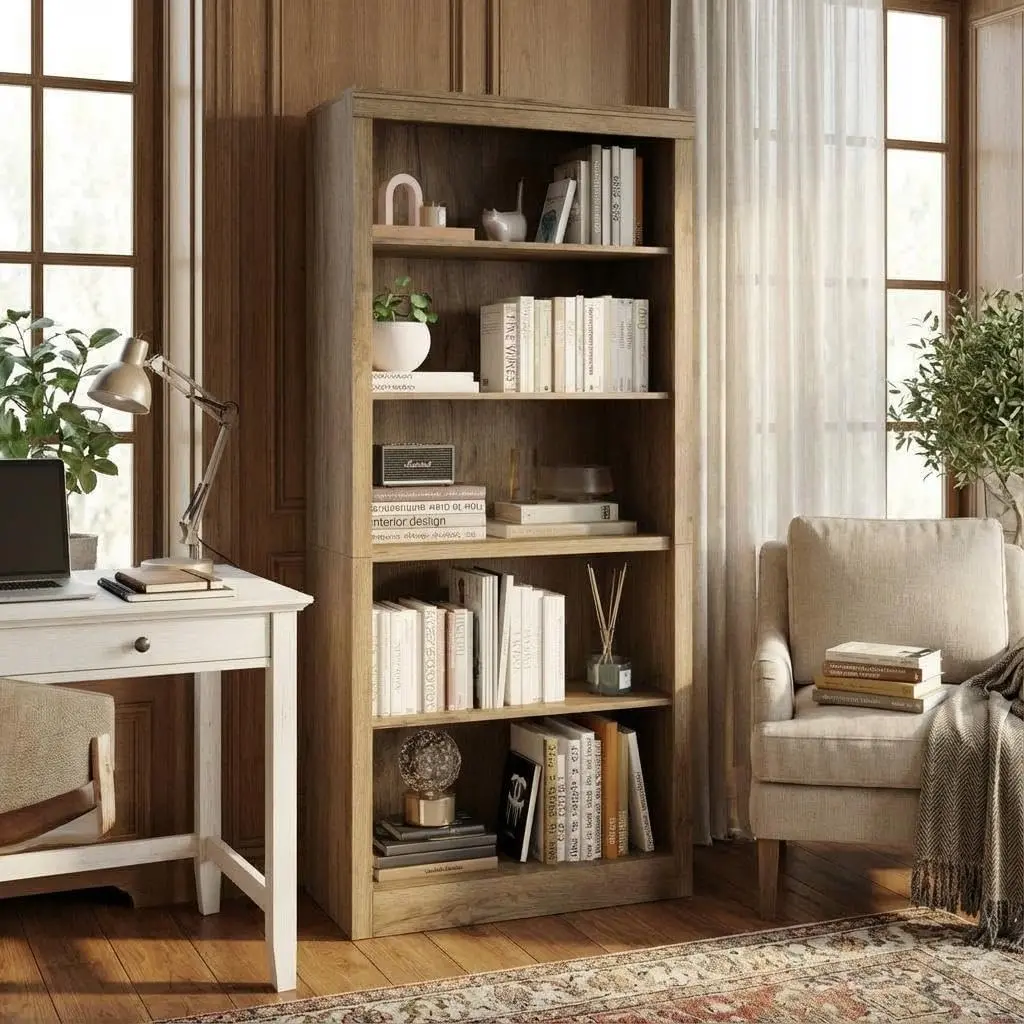 71" Tall Wooden Bookcase – 5 Adjustable Shelves, Modern Floor Standing Display Bookshelf for Bedroom, Living Room, Office – Open Storage, Anti-Tip Design