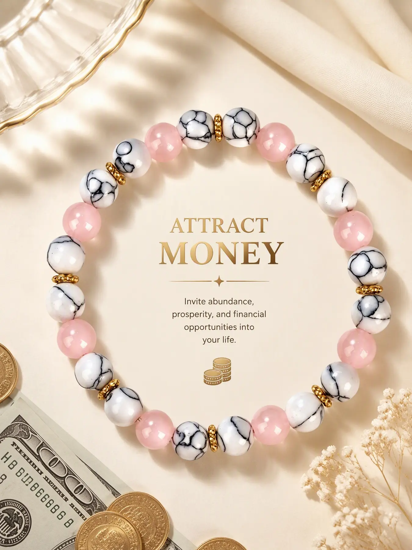 Aesthetic Pink Beaded Bracelet for Women, White Marble Bead Stretch Bracelet, Trendy Boho Fashion Jewelry, Meaningful Gift for Mom Sister Friends
