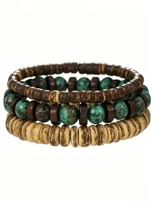 3PCS Men's Boho Turquoise & Wood Beaded Bracelet Set, Ethnic Tribal Multi-Layer Stretch Bracelets, Vintage Coconut Shell & Natural Stone Layered Jewelry, Casual Daily Wear & Perfect Father's Day Gift