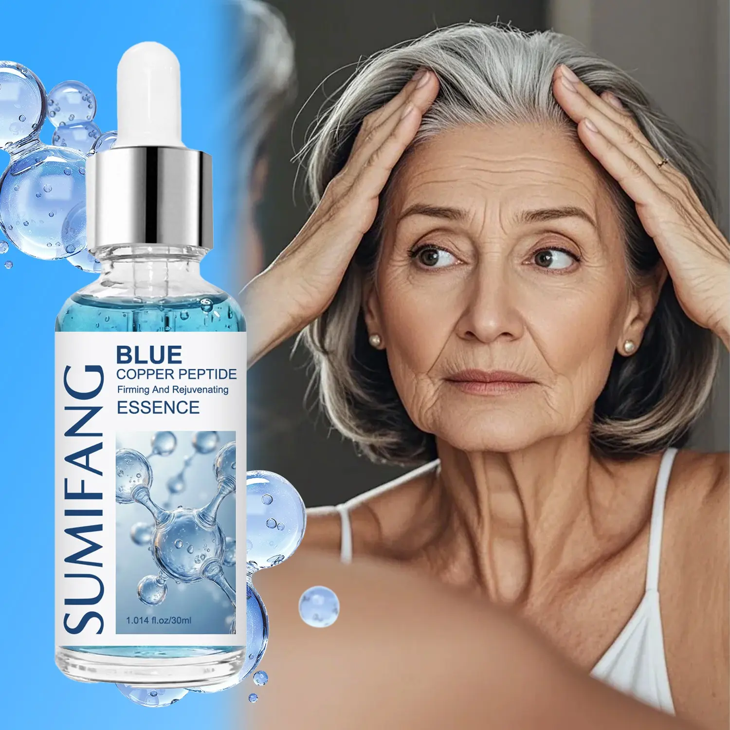SUMFANG Blue Copper Peptide Firming Essence 30ml – Copper peptides + Collagen peptides + Hyaluronic acid – Firms, revitalizes, Hydrating, and smooths skin, reducing fine lines, improving rough and sagging skin, Leaves skin firm, smooth, and radian