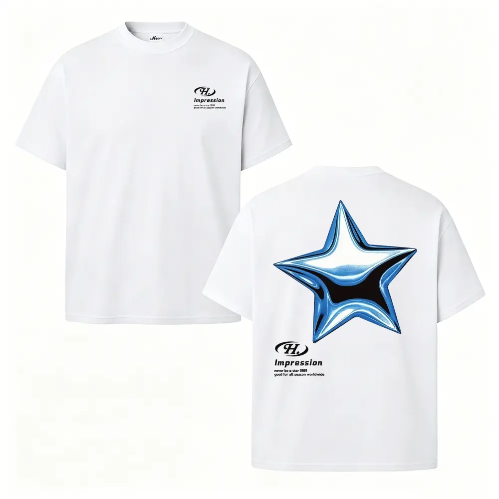 Y2K Cyberpunk Metallic Star Graphic T-Shirt for Men Women, Retro Fluid Chrome 3D Star Tee, 100% Cotton Heavyweight Short Sleeve Casual Crewneck Top