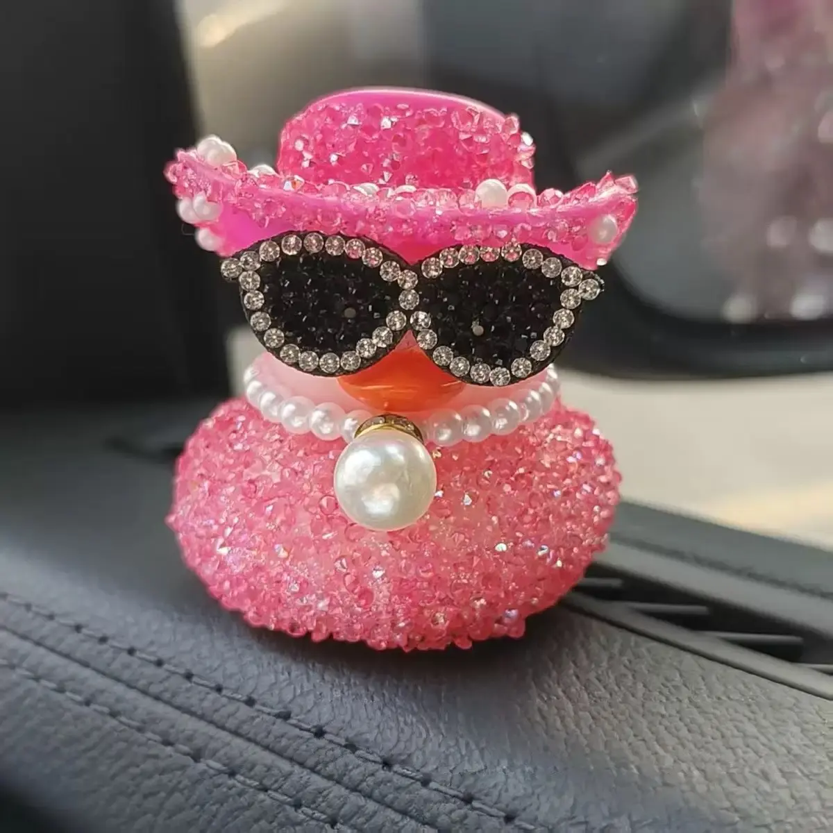 Luxurious Rhinestone Duck Car Ornament, Shiny Pearl Dashboard Decor, Cute Colorful Duck with Sunglasses, Hat, Necklace, Women Girls Car Interior Accessory, Christmas Birthday Gift