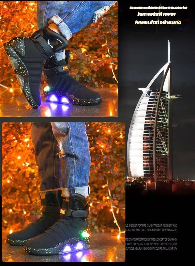 Stylish White USB-Rechargeable Glow-in-the-Dark High-Top Sneakers with Neon Lights & Stripes for Street Dancing & Nighttime Exercise back  to  the  future  shoes