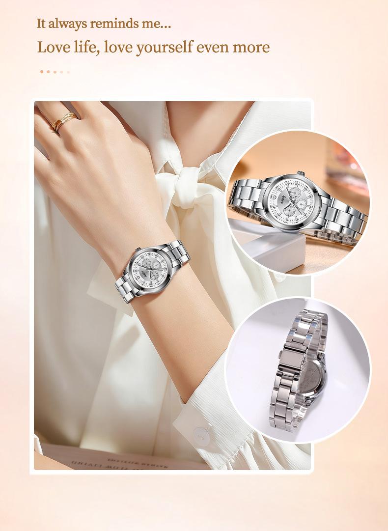 Women's Luxury Minimalist Chronograph Quartz Watch - Silver Stainless Steel Band, Pink Dial with 3 Sub-dials, Luminous Hands, Water Resistant, Elegant Casual Wristwatch, Perfect Gift for Her