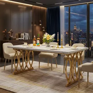 White Gold 63 Inch Rectangular Faux Marble Dining Table for 4-6 People, Geometric Gold Steel Legs Wear Resistant MDF Kitchen Dinner Table 180LBS Capacity Adjustable Foot Pads Easy Assembly Modern Luxury Multipurpose Table for Dining Room Breakfast Nook Sm