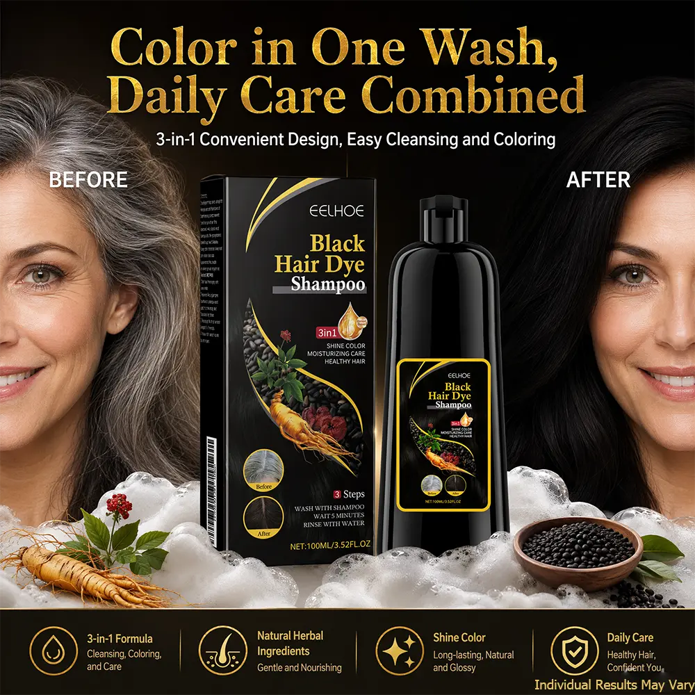 Black Hair Dye Shampoo for Gray Hair Coverage, Instant Semi Permanent Hair Color Shampoo with Ginseng & Polygonum Multiflorum, Natural Black Hair Colorant for Men & Women, Gentle Scalp Care, 3.4 Fl Oz