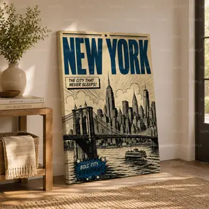 Vintage New York City Skyline Vertical Canvas Wall Art, Retro Travel Poster, Home Decor for Living Room Bedroom Office, Available as Unframed Canvas Poster or Framed Canvas Wrap