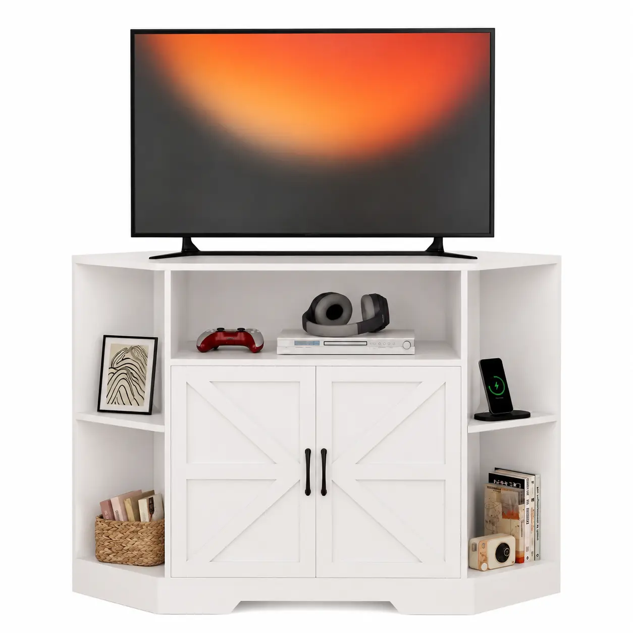 Corner TV Stand for TVs up to 55 Inch, Modern Farmhouse Engineered Wood Media Console with Built-In Power Outlet, 2 AC Outlets & USB Ports, Barn Door Cabinets, Adjustable Shelves, White Entertainment Center for Living Room, Bedroom, Apartment