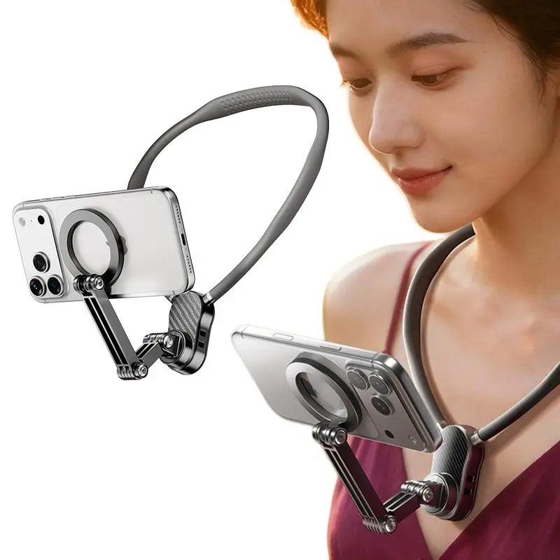 Magnetic Mobile Phone Neck Mount - Silicone Metal Hands-Free Holder with Plug - Landscape-Ready Vlog Chest Strap for iPhone 17/16/15/14, Cellphone Accessories