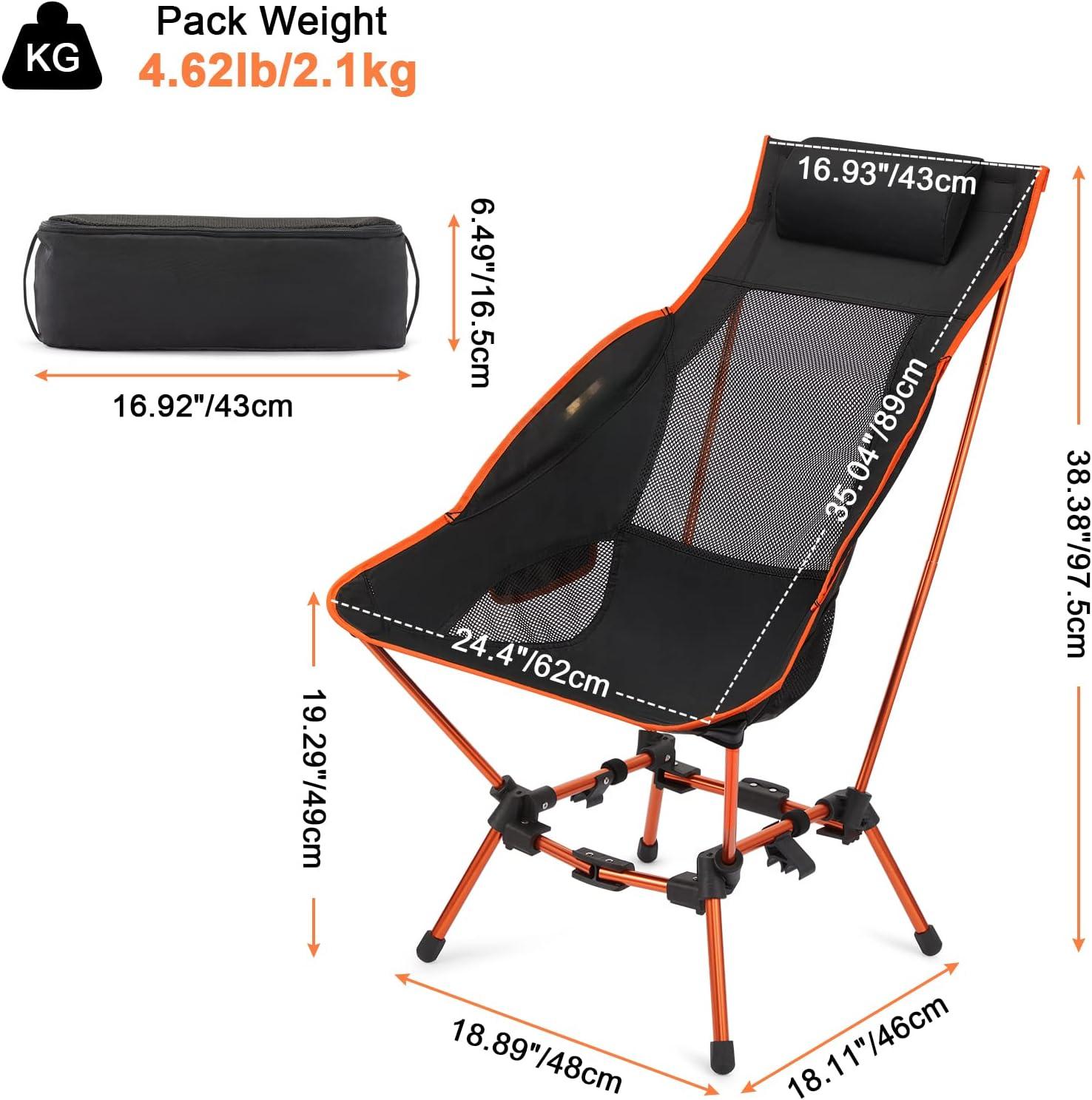 Folding Camp Chair High Back Lightweight Camping Chair with Removable Pillow, Side Pocket & Carry Bag, Compact & Heavy Duty 385lbs for Outdoor Hiking Backpacking Beach Picnic Travel