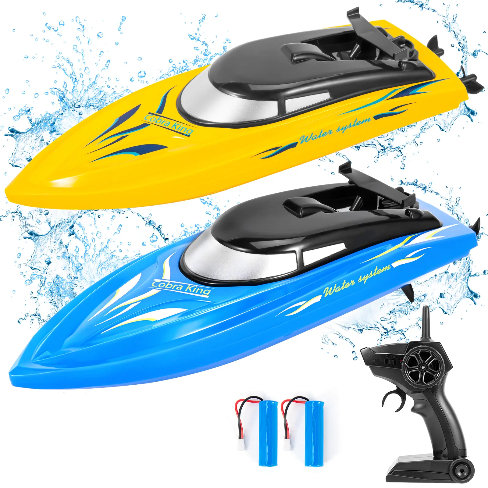 High-Speed RC Racing Boats 2-Pack for Kids & Adults – 2.4GHz, 10km/h, Self-Righting, 4 Rechargeable Batteries, For Pools & Lakes – Blue & Yellow