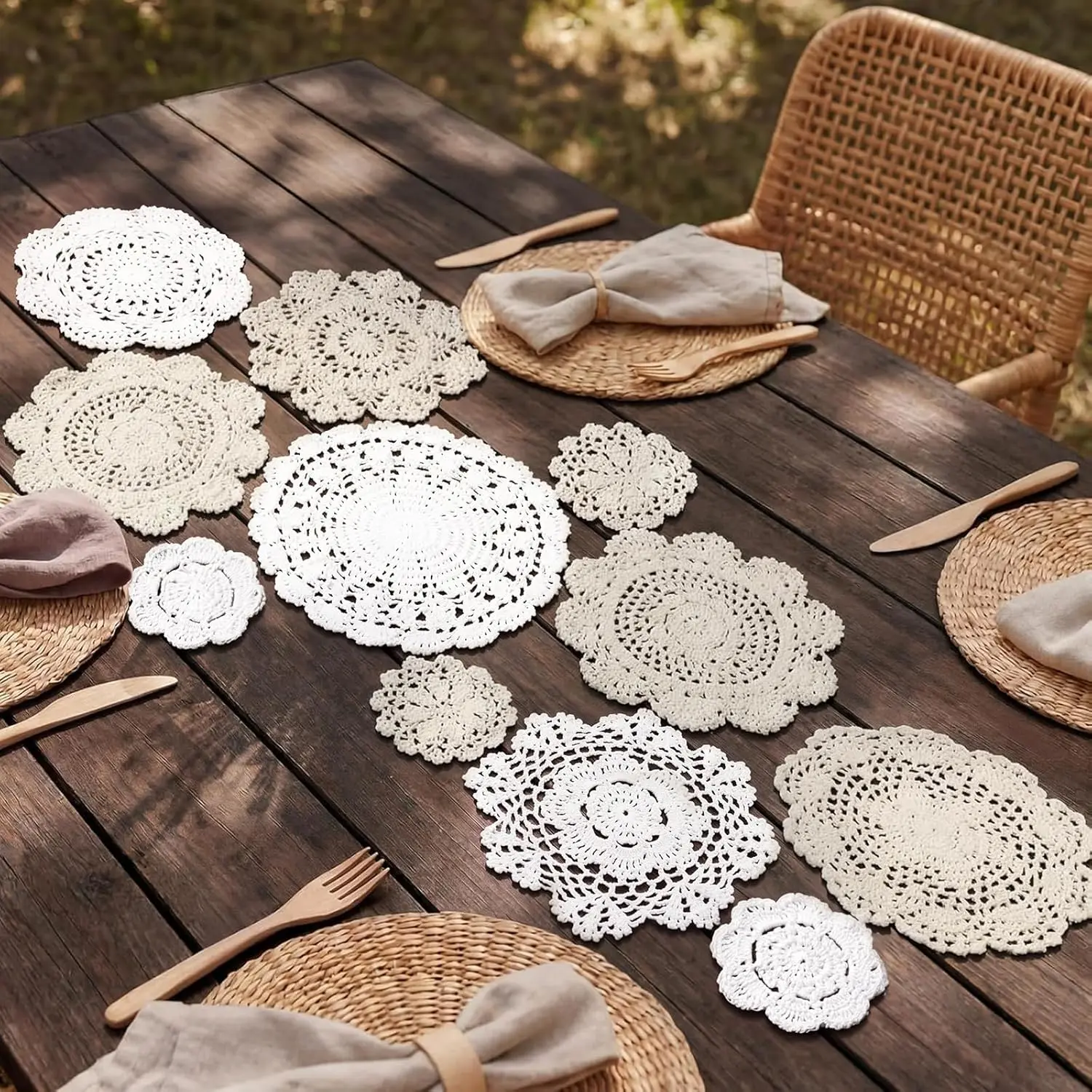 11 Pcs Crochet Cotton Lace Doilies for DIY Crochet Table Runner 4 to 10 Inch Vintage Round Handmade French Lace Doily for Table Centerpiece Wedding Bridal Shower Birthday Decor (Beige, White)