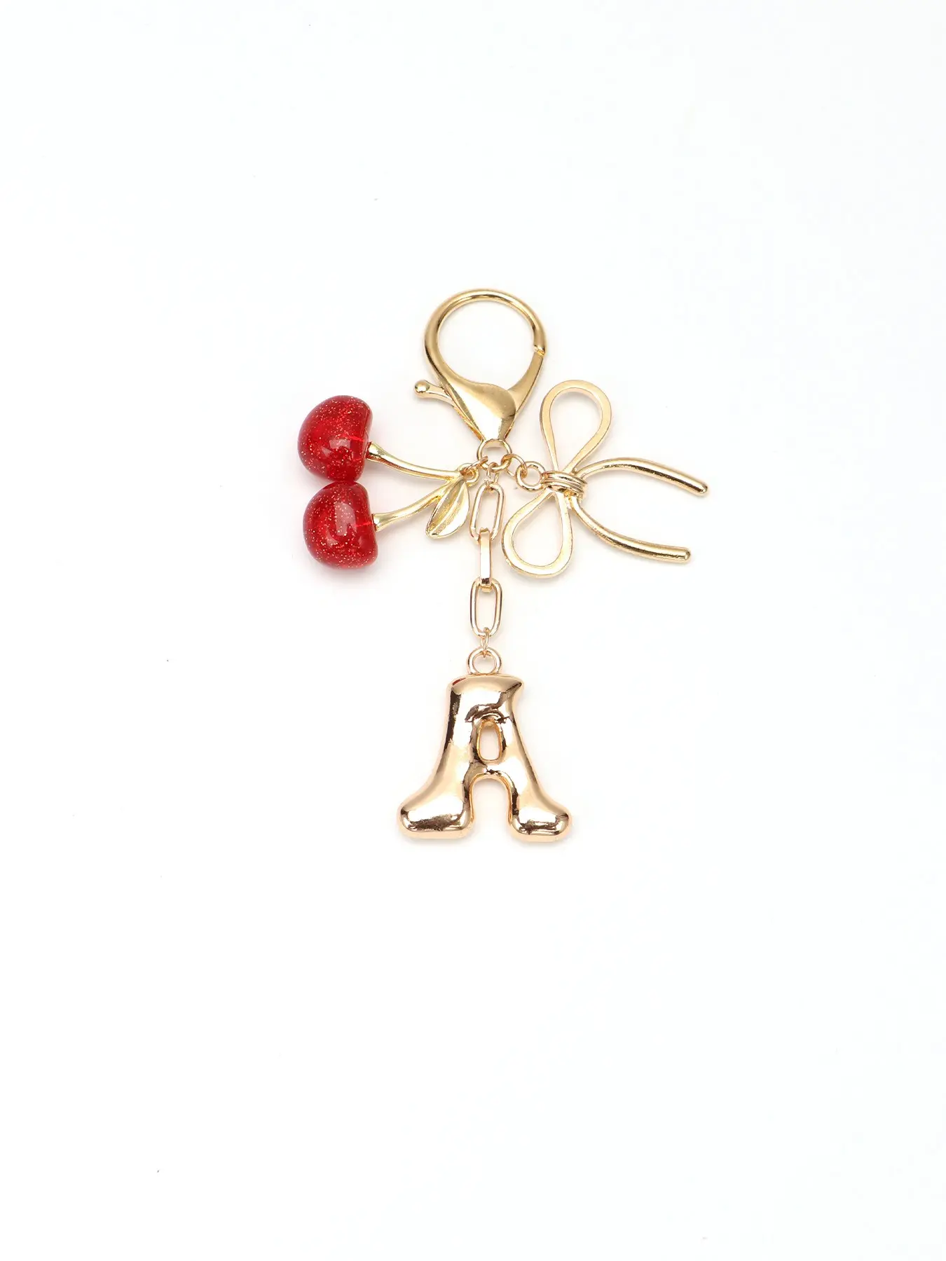 Bubble Letter A-Z Keychain for Women, Cute Initial Pendant with Metal Bow and Acrylic Cherry Decor, Shiny Metal Letter Key Ring