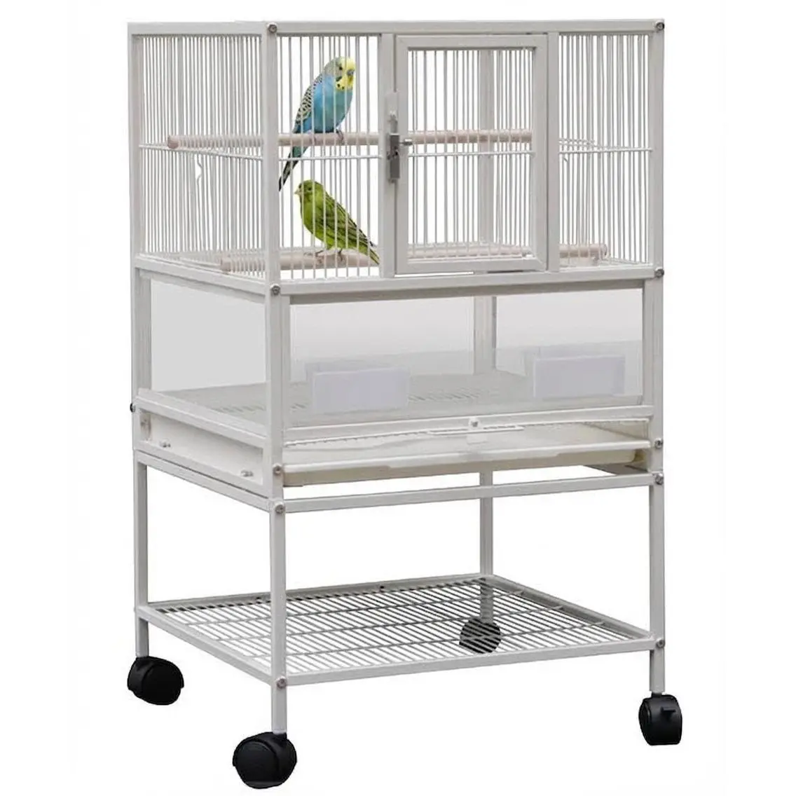 Portable Acrylic Bird Cage with Storage Shelves, 32"-40" Tall Travel Carrier for Parakeets Cockatiels Conures, Clear View Parrot Cage with Wheels & Top Stand, 3-in-1 Small Bird House for Lovebirds Budgies Canaries, Modern White Pet Travel Bag