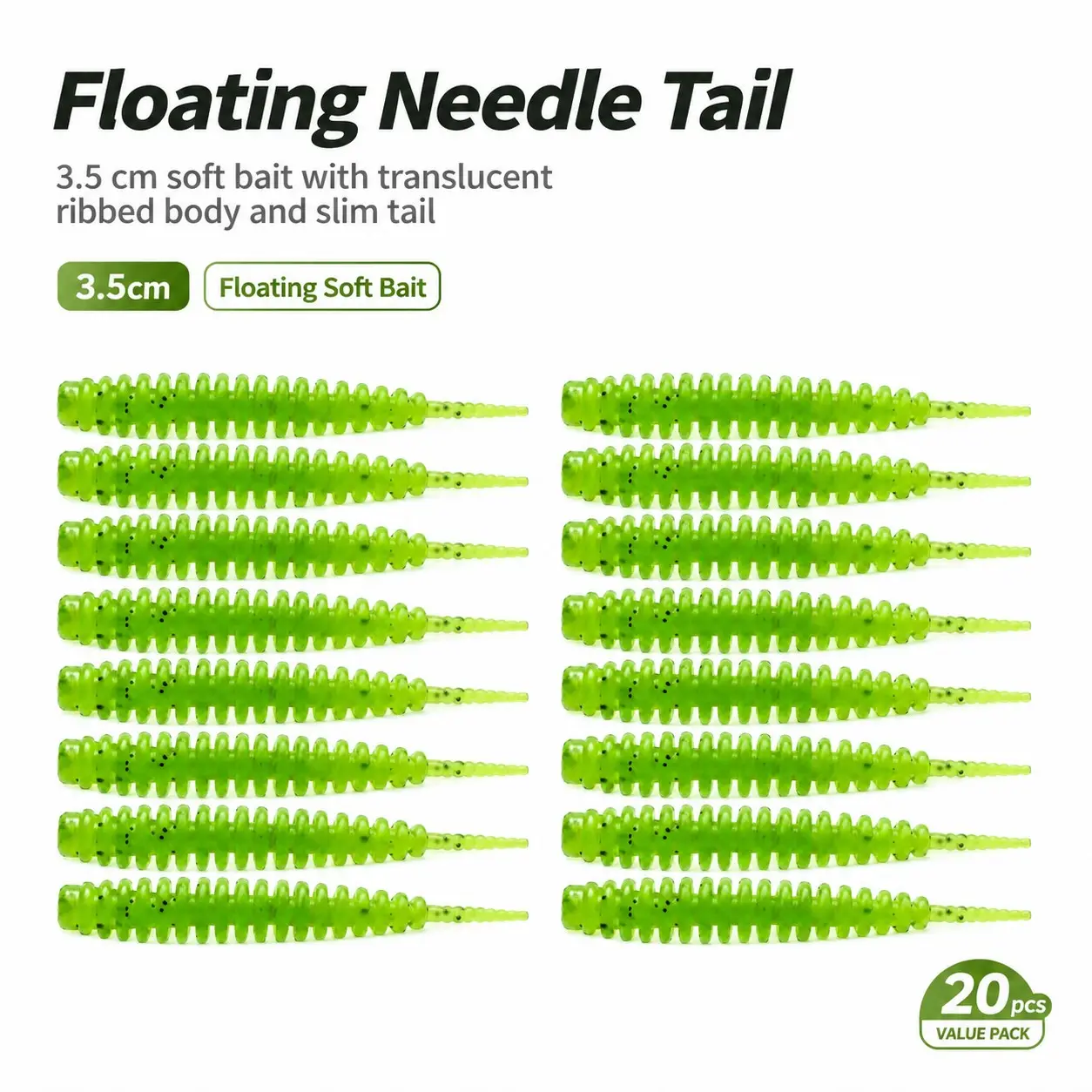 20Pcs Floating Threaded Needle Tail Soft Bait, 1.38in TPE Stretch Resist Ultralight Worm Lure, Freshwater Fishing Tackle for Trout Perch Minnow, Soft Lures