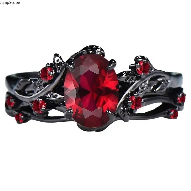 Gothic Twisted Vines Ring for Women, Black-Plated Floral Motif Band with Oval-Cut Ruby, Amethyst & Emerald CZ Gems, Statement Jewelry for Gifting, Cubic Zirconia, Female, Romantic, Twisted Band, Mdf+Steel, Flowers, Elegant, Gothic Aesthetics