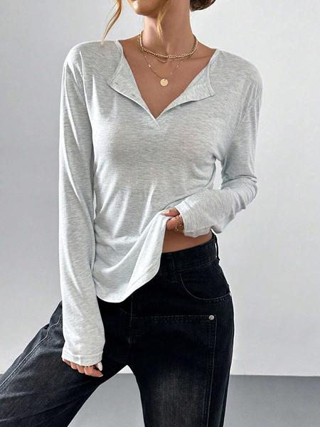 Women's Long Sleeve Button Neckline T-Shirt, Casual Ladies Top for Daily Wear, Comfortable and Stylish Women's Clothing