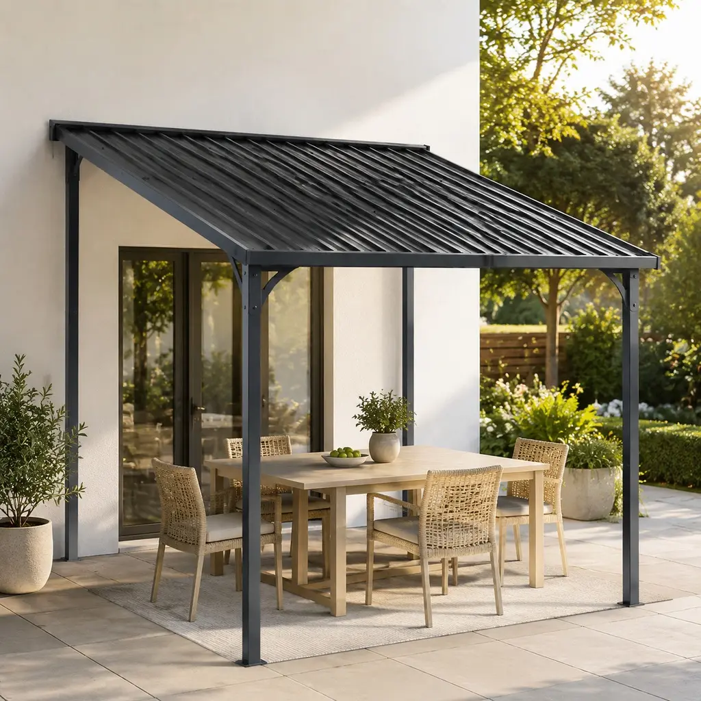 ARCH Furniture 10x10 ft Sturdy Wall-Mounted Hardtop Gazebo Pergola, Galvanized Steel Roof, Sloped Design, Stable Black Metal Frame, 138.45 lb Sun Protection Outdoor Patio Shelter for Barbecues, Backyard