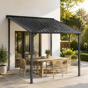 10x10 ft Wall-Mounted Hardtop Gazebo Pergola, Galvanized Steel Roof, Sloped Design, Black Metal Frame, 138.45 lb, Sun Shelter for Patio, Garden, Backyard BBQ, Watch Party