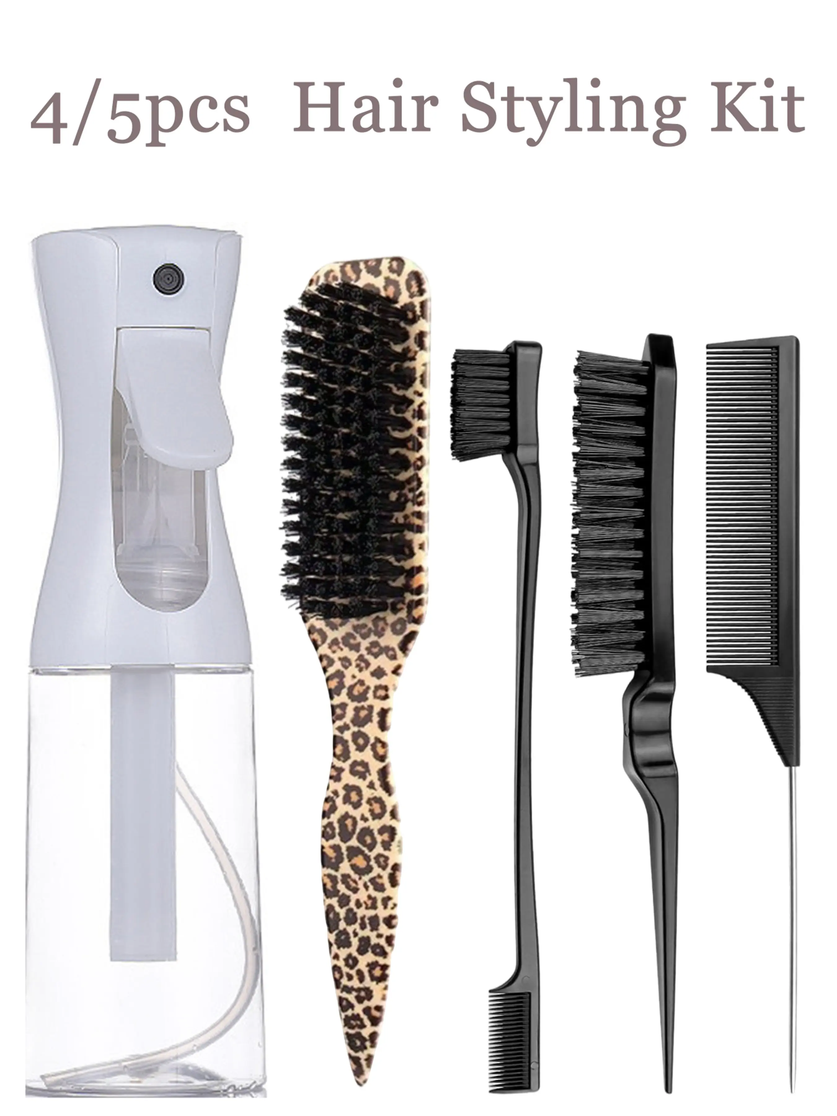 4/5pcs Hair Styling Tool Set – Hair Styling Kit, Spray Bottle, Edge Brush, Teasing Brush & Rat Tail Comb, Smoothing Brush for Sleek Ponytail & Bun, Daily Home/Salon Styling, For Women & Men