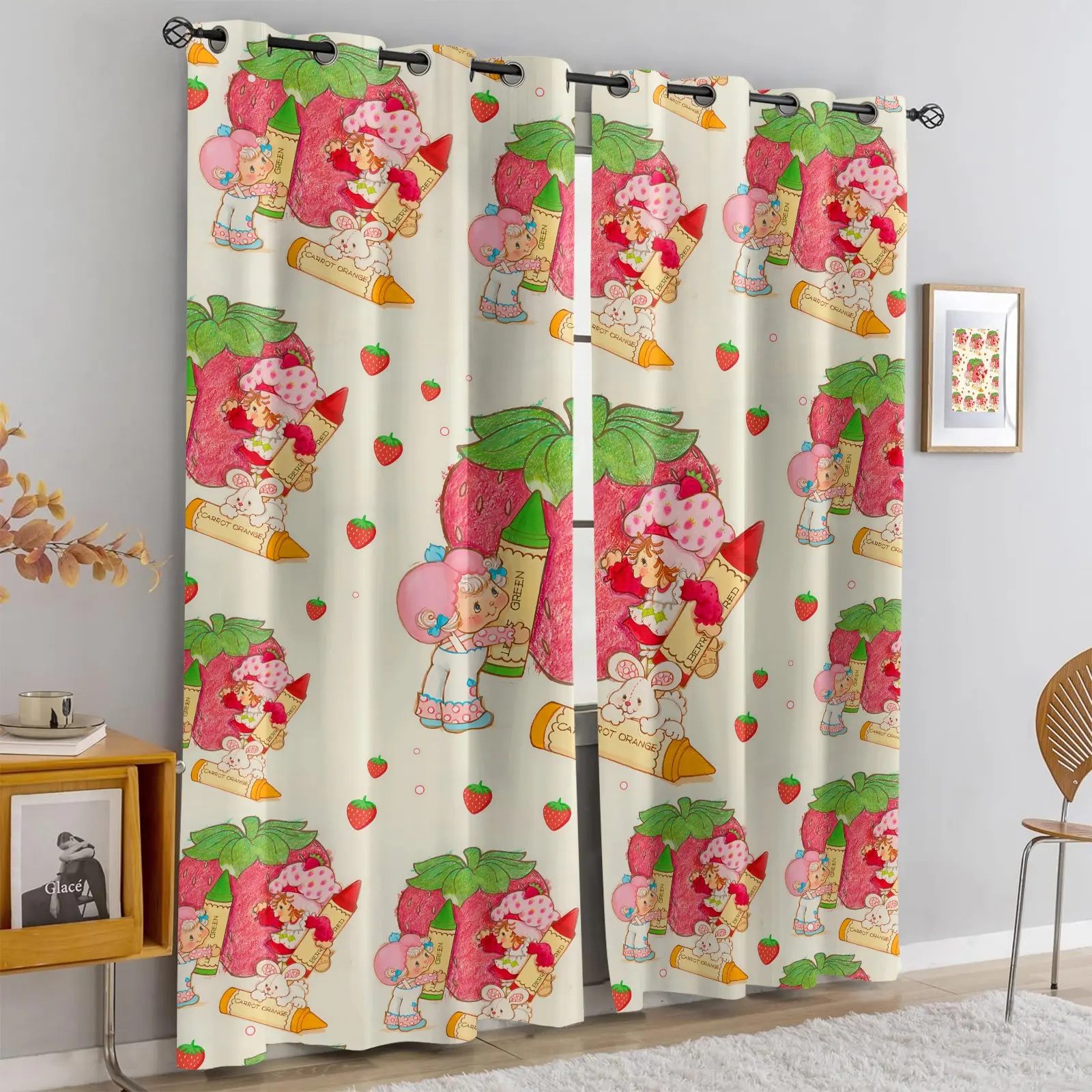 2 Panels Vintage Strawberry Shortcake Blackout Curtains, Home Decoration Curtain, Cream Background Cartoon Strawberry Girl Crayon Bunny Print Grommet Top Window Drapes, Thermal Insulated Machine Washable Light Blocking Curtains for Girls Bedroom Kawaii