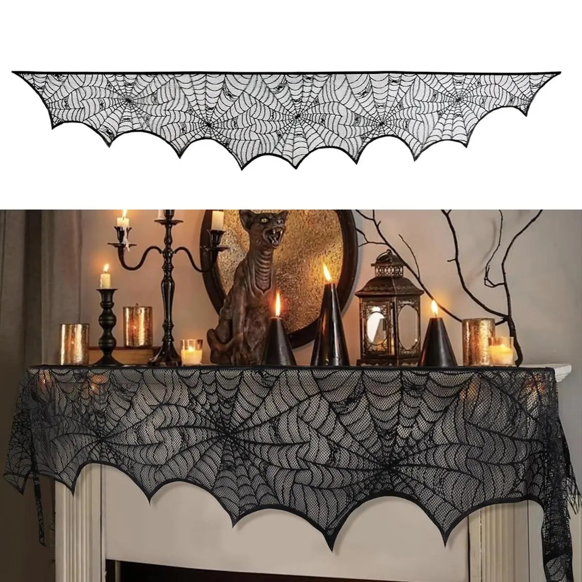 Lightweight Spooky Vibes Black Lace Spider Web Fireplace Mantle Scarf Cover, 45x243cm (18x96in) Festive Party Home Decor Supplies with Easy Cleanup, Halloween Aesthetic