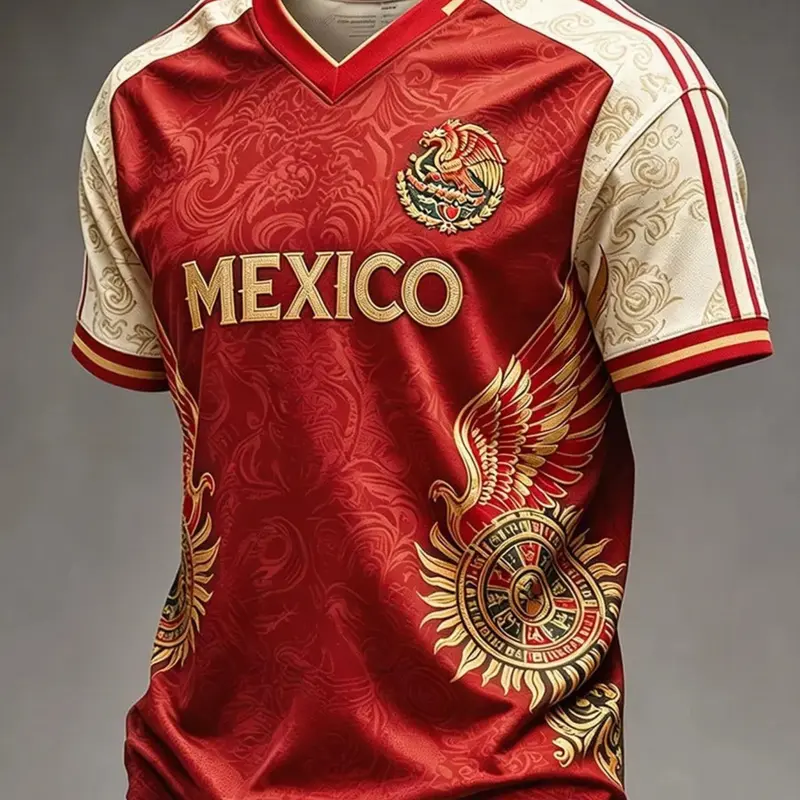 Mexico Gold Eagle Football V-Neck Shirt, Soccer Champion Gameday Shirt, Casual Sports Jersey, Casual Long Fitted Ethnic Pattern Top, All Seasons Wear
