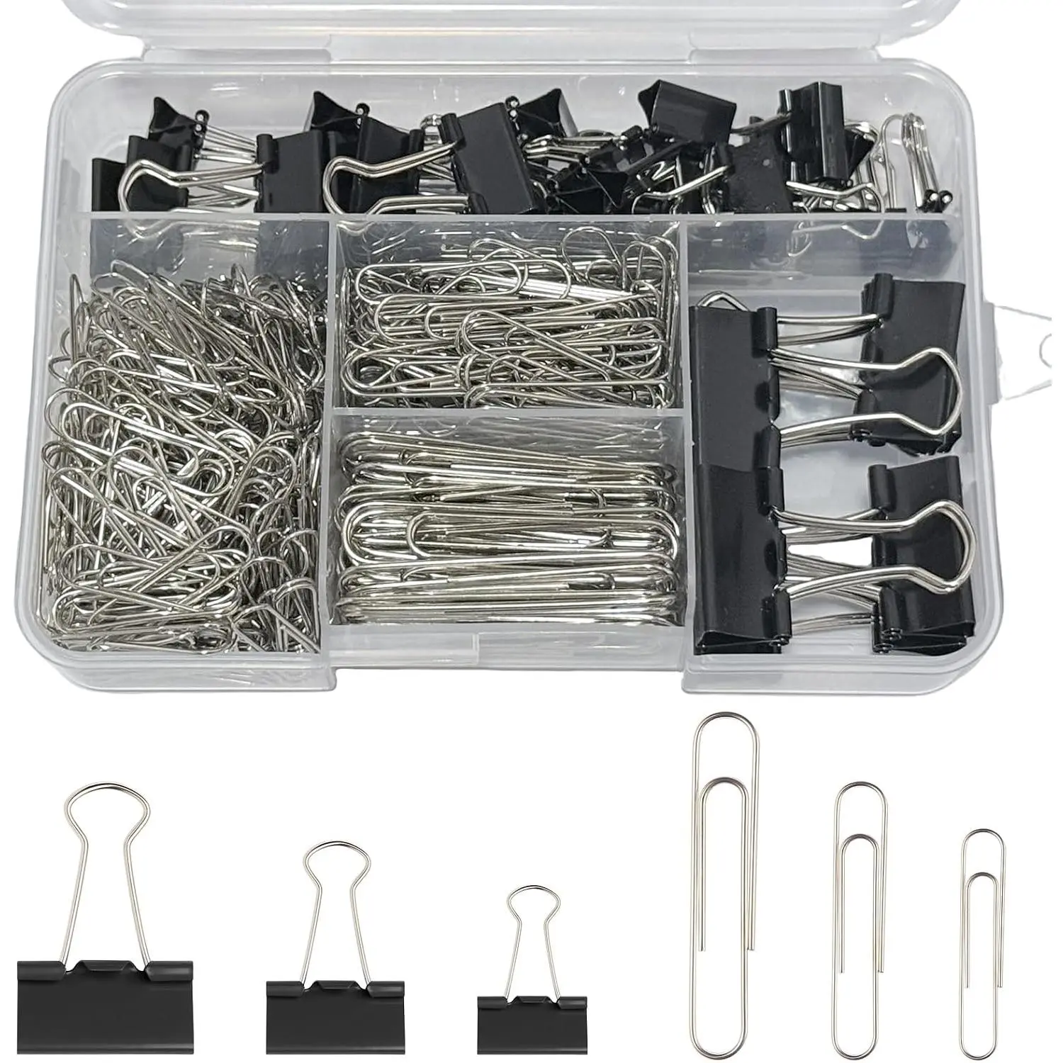 360 count Black  Size Paper Clips and Binder Clips, Paperclips Large Medium Small, Binder Clip and Paper Clip Set for , School, and Office Supplies in a Container with Compartments