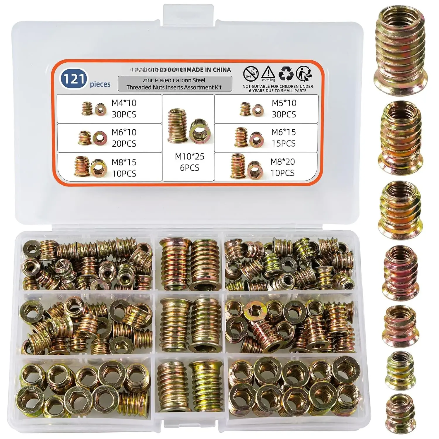 Threaded Inserts for , 121 count Zinc Plated Steel Thread Insert Nuts  kit for Hardwoods, Hex Socket Flanged Threaded  Inserts M4 M5 M6 M8 M10 Screw Inserts for Wooden Furniture