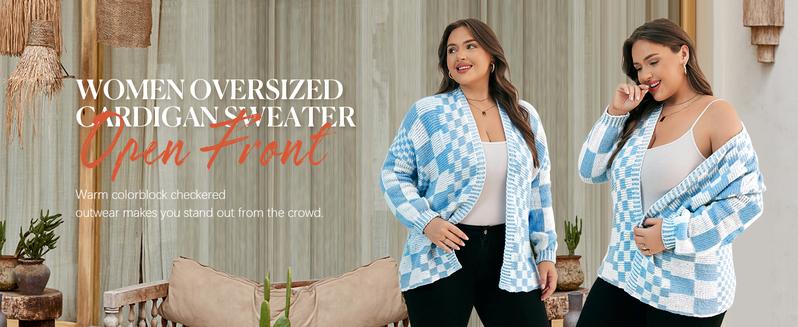 Imily Bela Womens Checkered Sweater Color Block Plaid Cardigans Oversized Long Sleeve Knit Open Front Coats