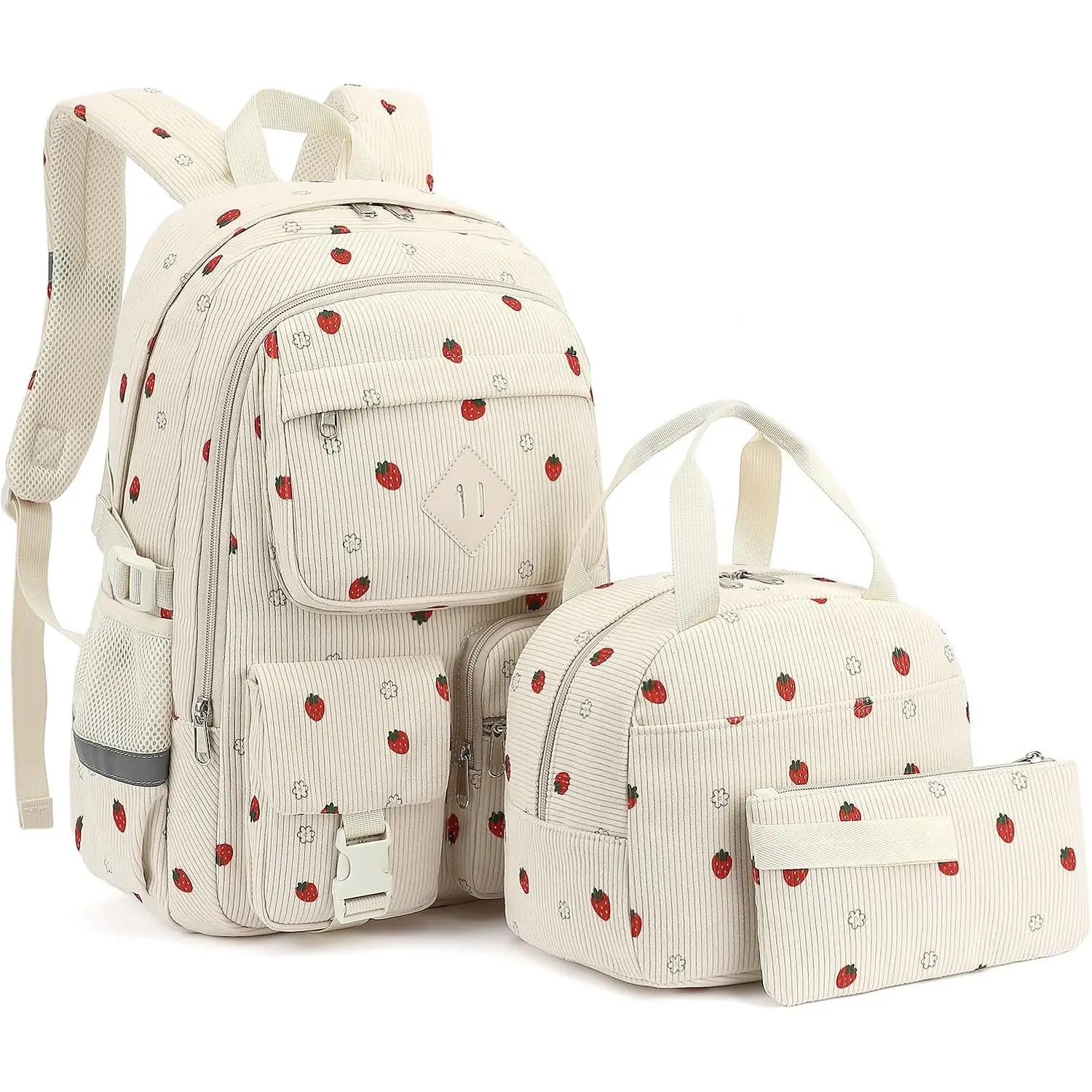 Corduroy School Backpack for Girls Boys,  Teens School Bookbags Schoolbag Set with Lunch Box Pencil Bag (Corduroy  Strawberry)