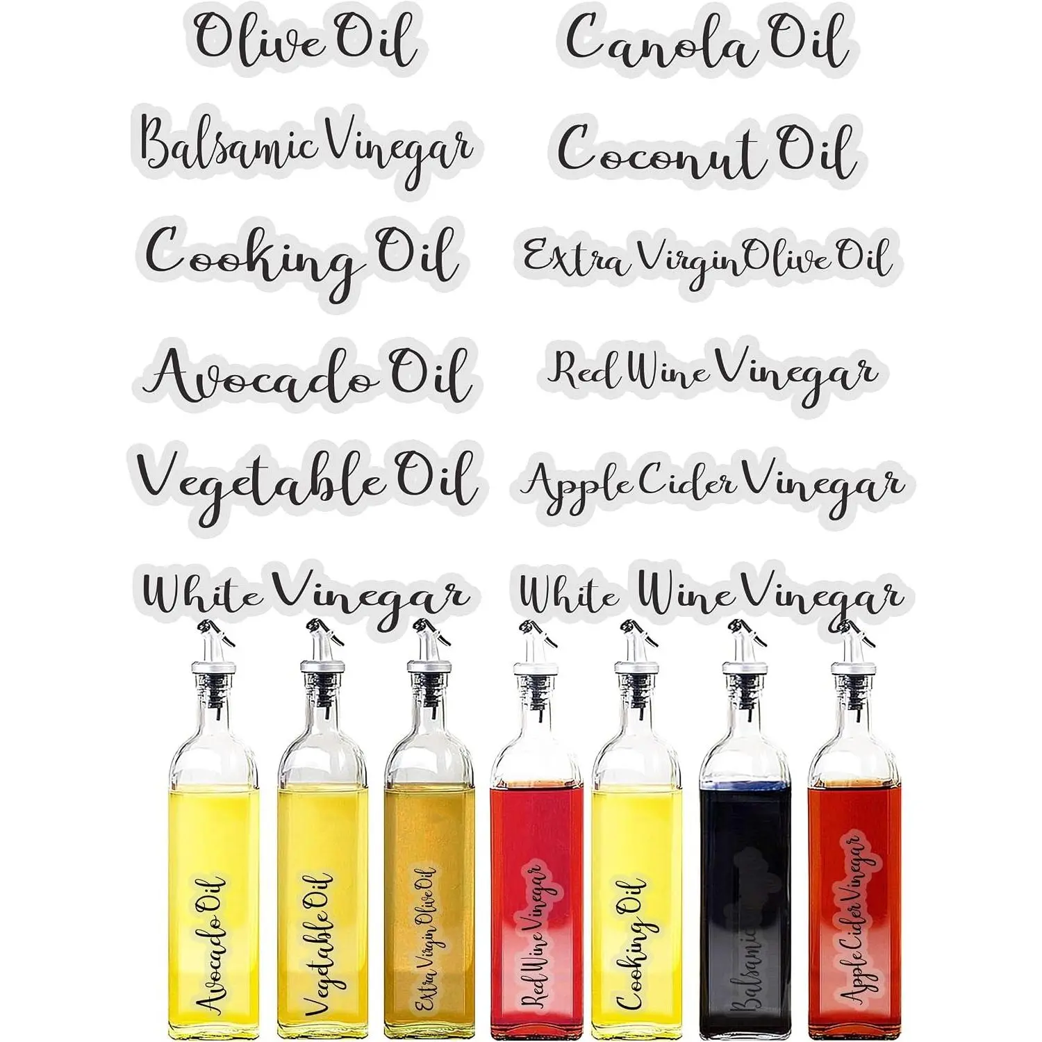 Modern Oil & Vinegar Bottle Labels, Minimalist Waterproof Kitchen Container Label Set (12 Pack Black)