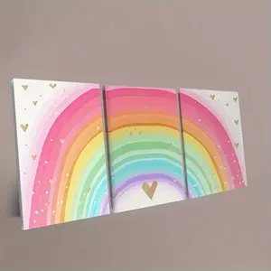 2D Flat, Wall Decor, Interior Decoration, 3 Pink Rainbow and Heart Decal Canvas Posters Cartoon Decorative Paintings, Pink Decorations for Room Decoration, Framed Paintings for Bedroom Decoration, Home Decorations, Autumn Indoor Home Decor, Room/Bedroom D