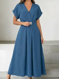 ZANZEA Women's V-Neck Solid Color Short Sleeve Dress, Pocket and Pleated Design, European and American Office Style, Casual and Elegant