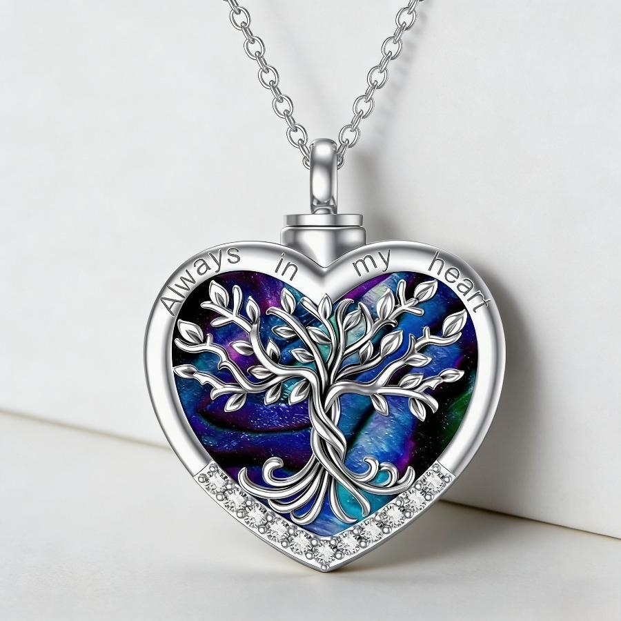 Heart Tree Life Urn Pendant Easter Memorial Necklace - Abalone Shell & Stainless Steel Short Chain - Cremation Jewelry for Memorial