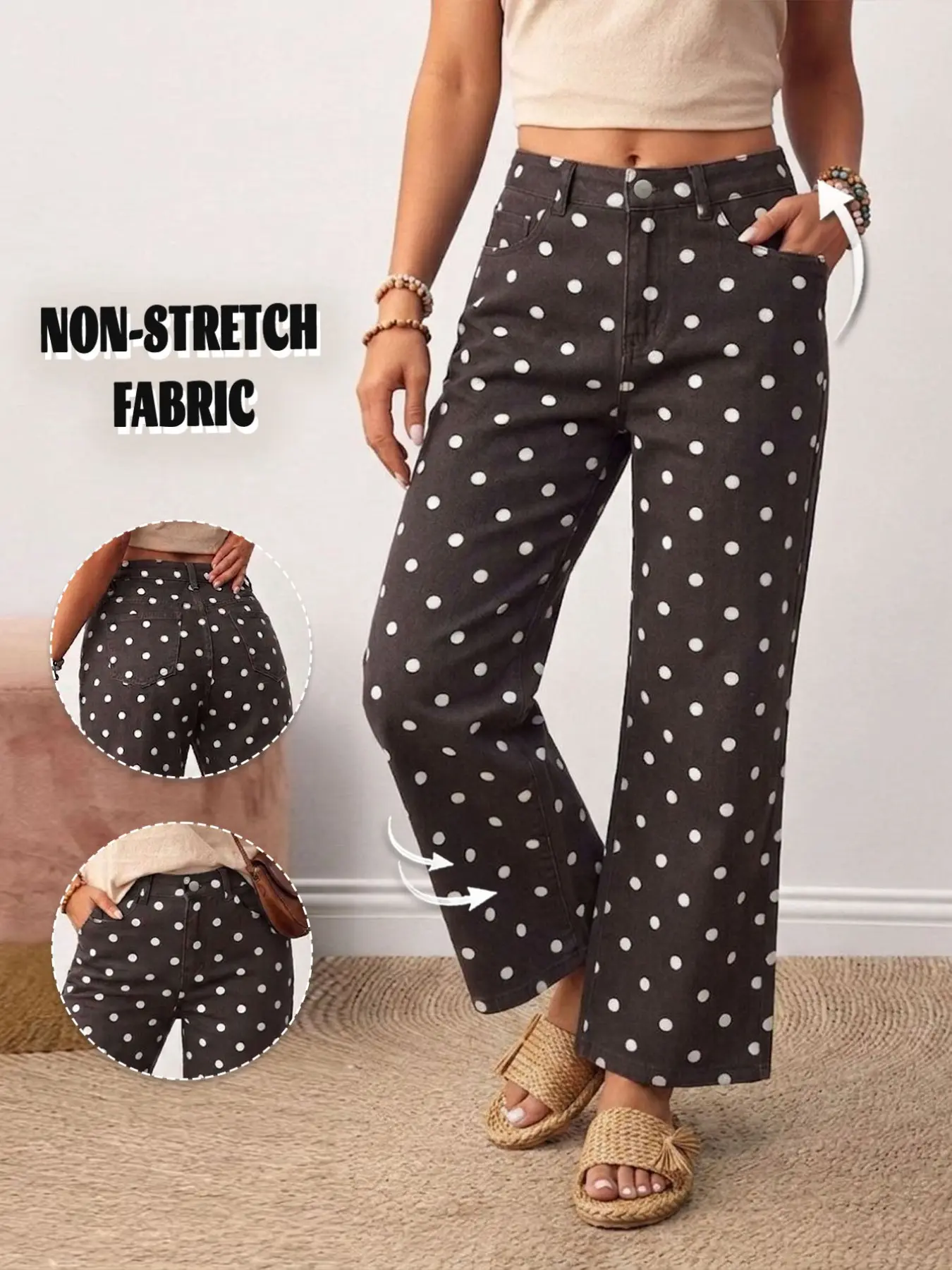 GILIPUR Women Mid Rise Polka Dot Print Cropped Straight Leg Jeans Button Non-Stretch Vintage Denim Pants Coquette Clean Girl Casual Daily Figure Flattering All-match Trousers TChic