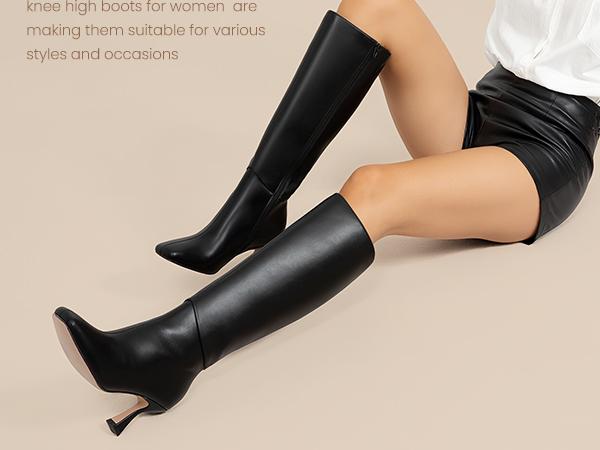 Athlefit Women's Kitten Heel Knee High Boots Square Toe High Heel Sexy Tall Boots with Side Zipper