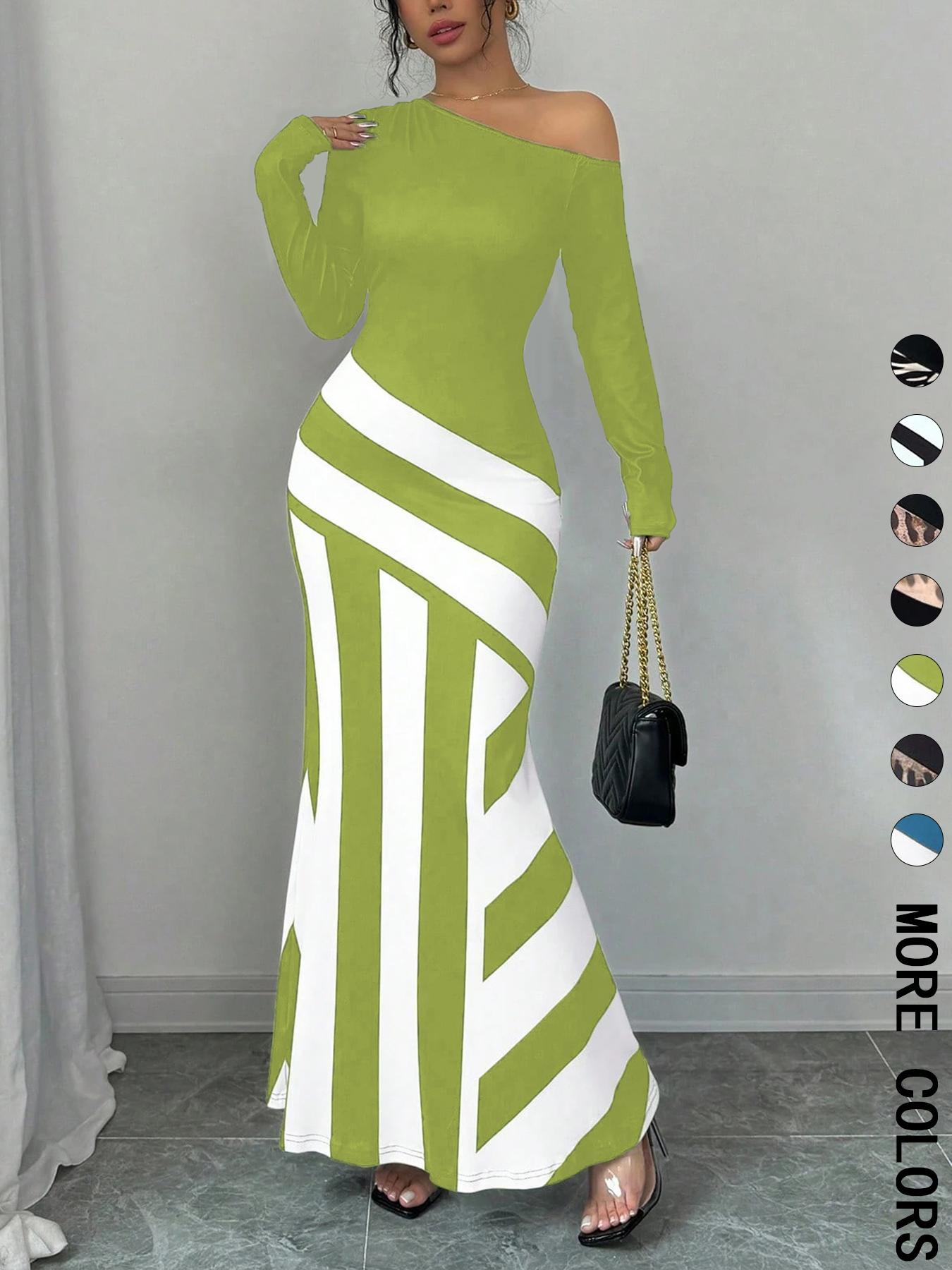 Women's Colorblock Striped Print Asymmetrical Neck Mermaid Dress, Elegant Fashion Long Sleeve Dress for Party Dating Wear, Women Dress for All Seasons, Formal Bodycon Dress