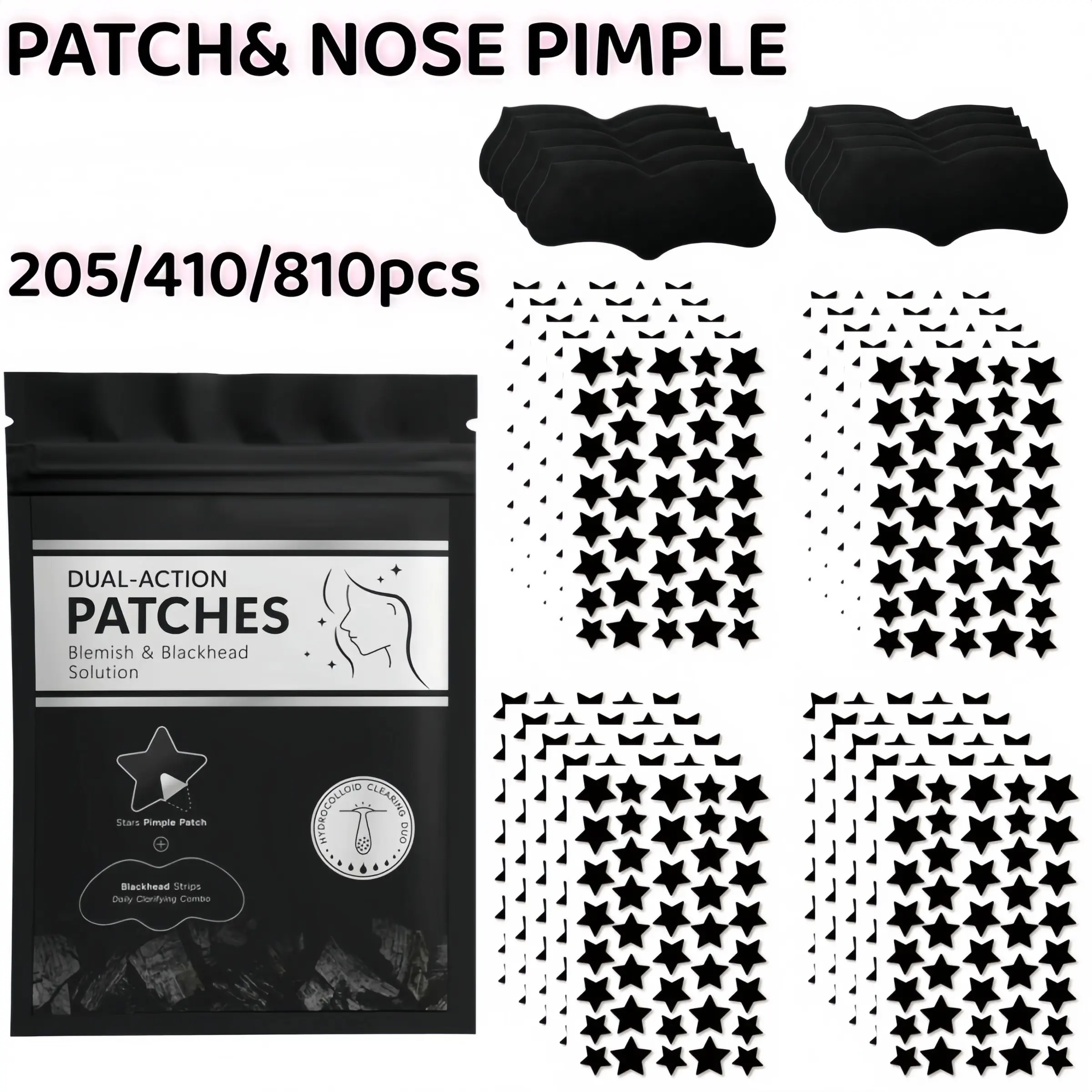 205/410/810pcs Black Star Hydrocolloid Pimple Patch & Nose Strip Combo, Dual-Action Blemish and Blackhead Care Set with Pore Cleansing Nose Strips for Daily Face Care