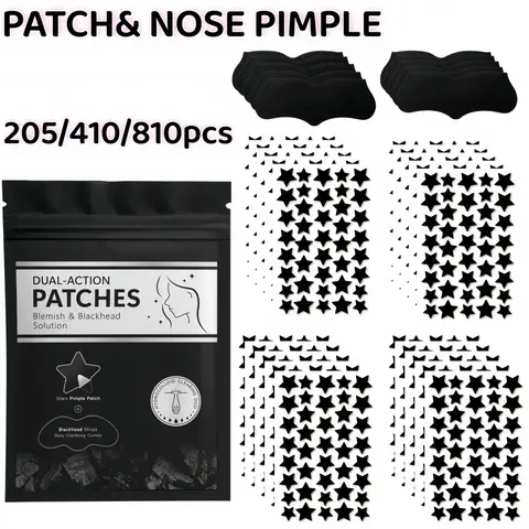 205/410/810pcs Black Star Hydrocolloid Pimple Patch & Nose Strip Combo, Dual-Action Blemish and Blackhead Care Set, Pore Cleansing Nose Strips for Daily Face Care Nose Patches